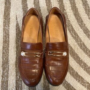 Brown Faux Leather Loafers with Pearl Detail